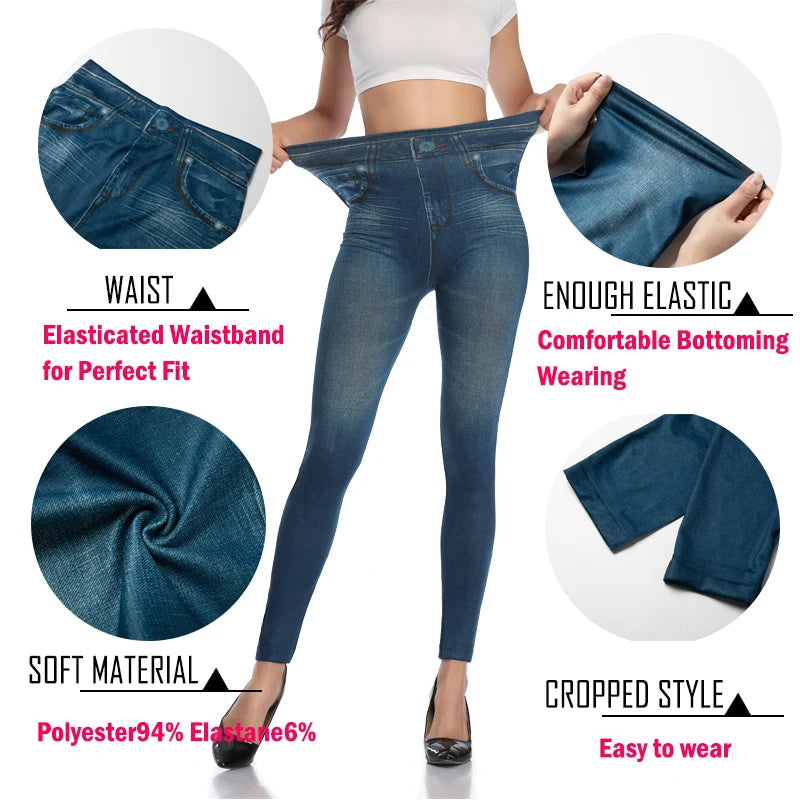 Push Up Seamless High Waist Faux Denim Leggings Women Casual Elastic Pocket Jeans Print Pants Skinny Pencil Leggins Mujer - Fields Of Fitness