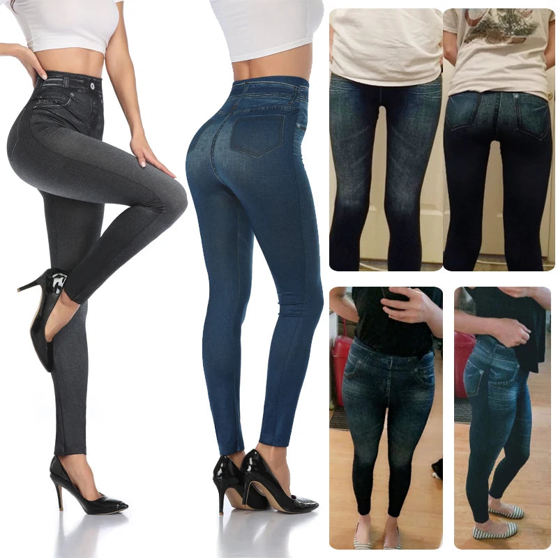 Push Up Seamless High Waist Faux Denim Leggings Women Casual Elastic Pocket Jeans Print Pants Skinny Pencil Leggins Mujer - Fields Of Fitness