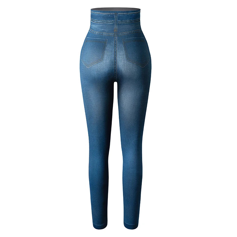 Push Up Seamless High Waist Faux Denim Leggings Women Casual Elastic Pocket Jeans Print Pants Skinny Pencil Leggins Mujer - Fields Of Fitness