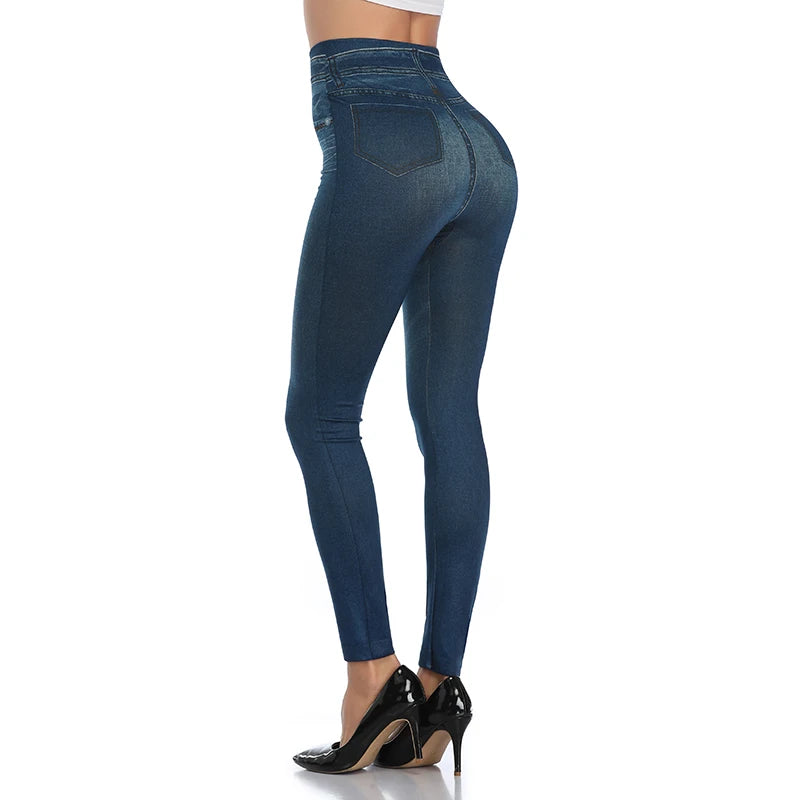 Push Up Seamless High Waist Faux Denim Leggings Women Casual Elastic Pocket Jeans Print Pants Skinny Pencil Leggins Mujer - Fields Of Fitness