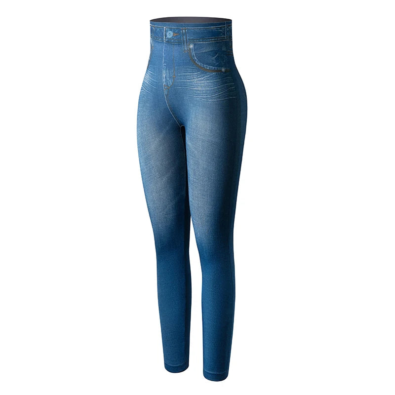 Push Up Seamless High Waist Faux Denim Leggings Women Casual Elastic Pocket Jeans Print Pants Skinny Pencil Leggins Mujer - Fields Of Fitness