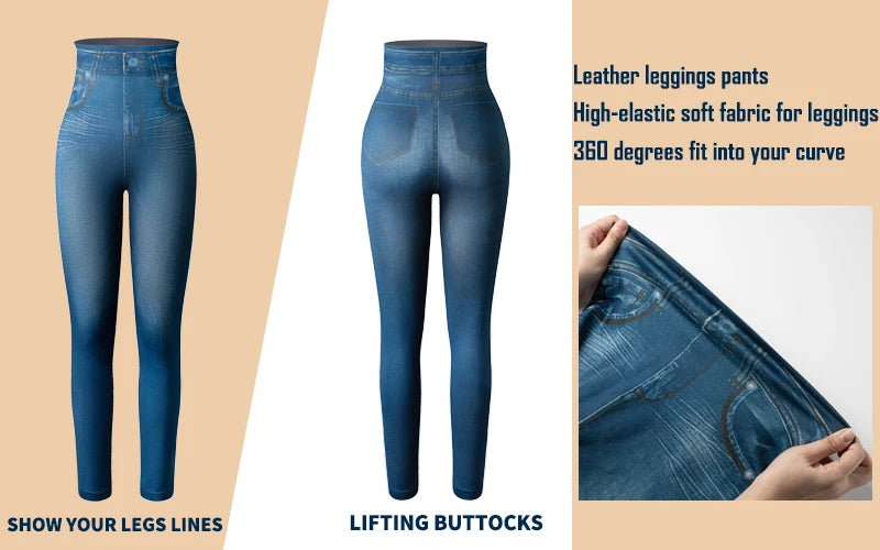Push Up Seamless High Waist Faux Denim Leggings Women Casual Elastic Pocket Jeans Print Pants Skinny Pencil Leggins Mujer - Fields Of Fitness
