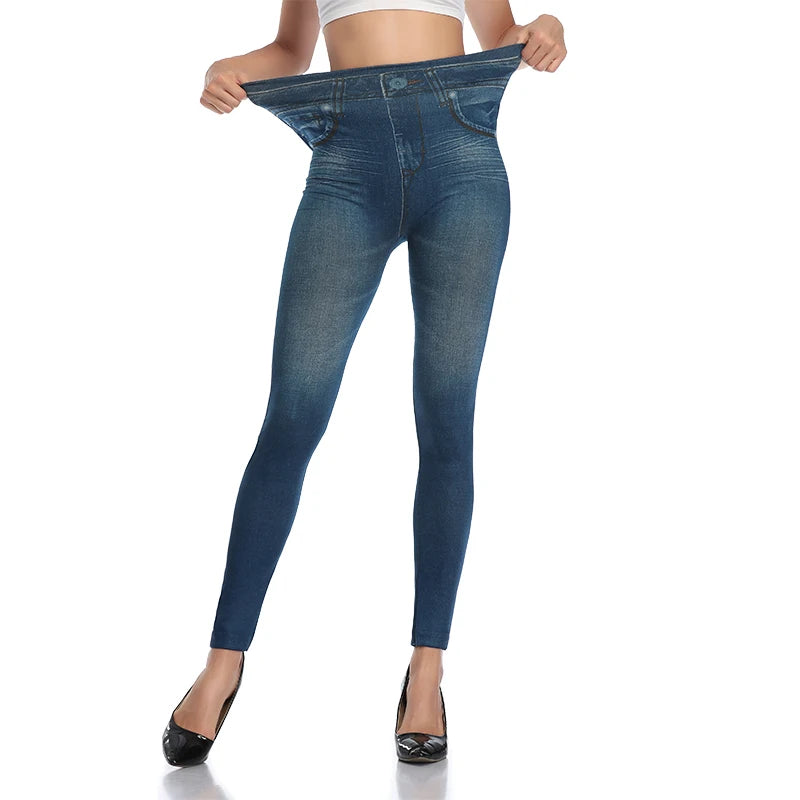 Push Up Seamless High Waist Faux Denim Leggings Women Casual Elastic Pocket Jeans Print Pants Skinny Pencil Leggins Mujer - Fields Of Fitness