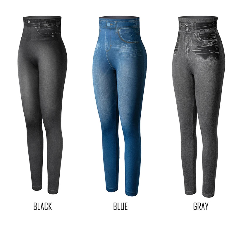 Push Up Seamless High Waist Faux Denim Leggings Women Casual Elastic Pocket Jeans Print Pants Skinny Pencil Leggins Mujer - Fields Of Fitness