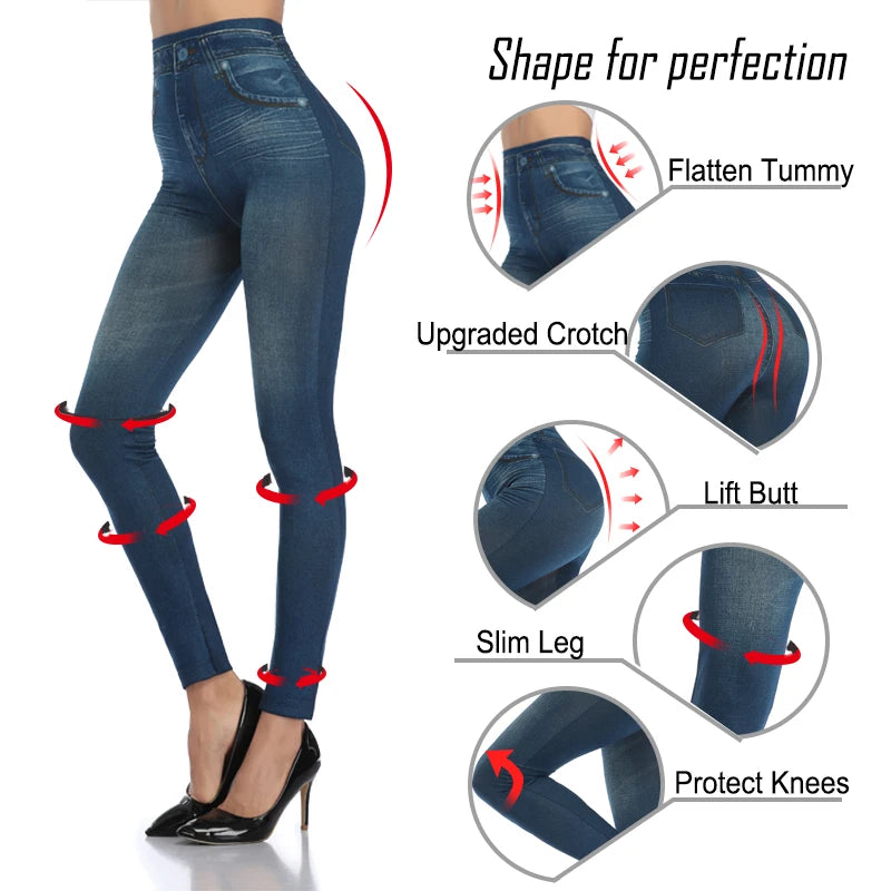 Push Up Seamless High Waist Faux Denim Leggings Women Casual Elastic Pocket Jeans Print Pants Skinny Pencil Leggins Mujer - Fields Of Fitness
