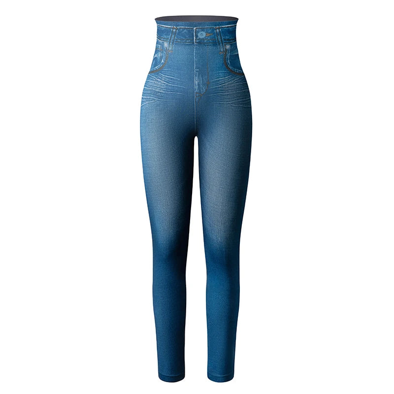 Push Up Seamless High Waist Faux Denim Leggings Women Casual Elastic Pocket Jeans Print Pants Skinny Pencil Leggins Mujer - Fields Of Fitness