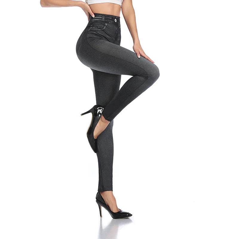 Push Up Seamless High Waist Faux Denim Leggings Women Casual Elastic Pocket Jeans Print Pants Skinny Pencil Leggins Mujer - Fields Of Fitness
