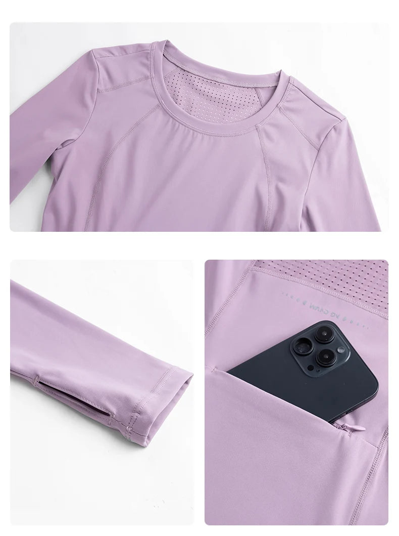 DRUR Yoga Tops Long Sleeve Round Neck Quick Dry Sports Jacket Women Gym Clothes Jogger Running Tops With Pockets Workout Shirts - Fields Of Fitness