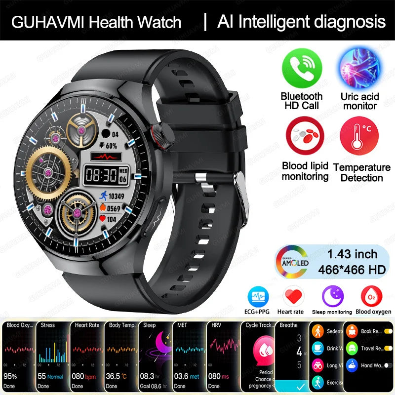2025 New Nursing Grade Smart Watch Blood oxygen Blood Lipid Uric Acid ECG+PPG Body Temperature Bluetooth Call Health Smartwatch - Fields Of Fitness