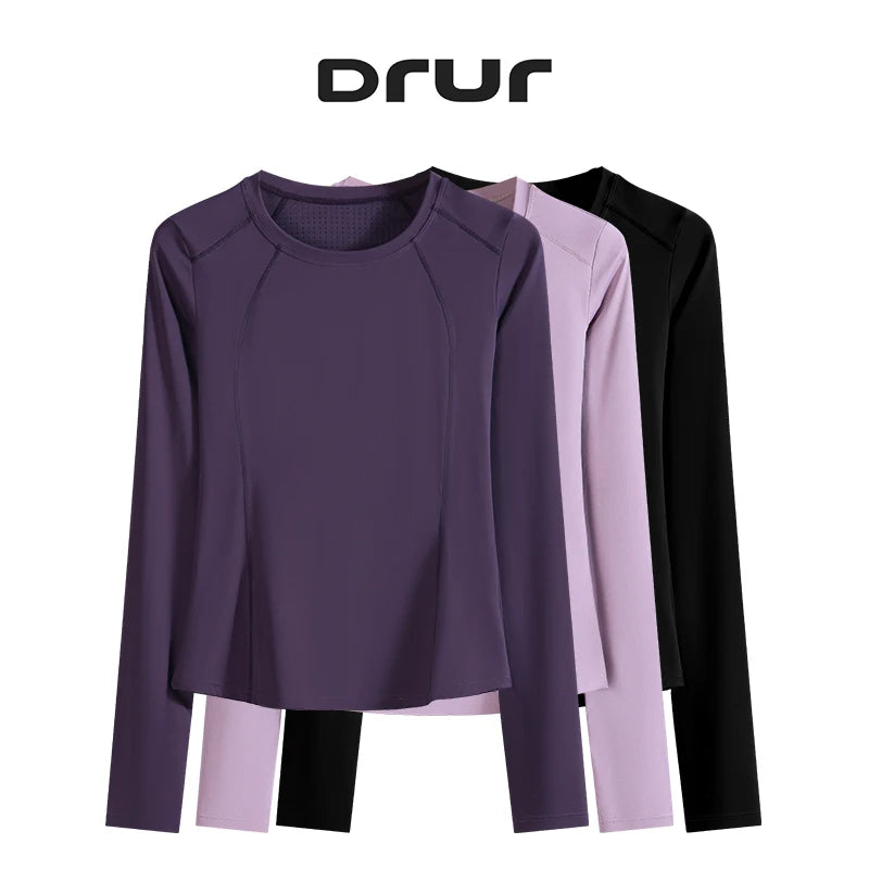 DRUR Yoga Tops Long Sleeve Round Neck Quick Dry Sports Jacket Women Gym Clothes Jogger Running Tops With Pockets Workout Shirts - Fields Of Fitness