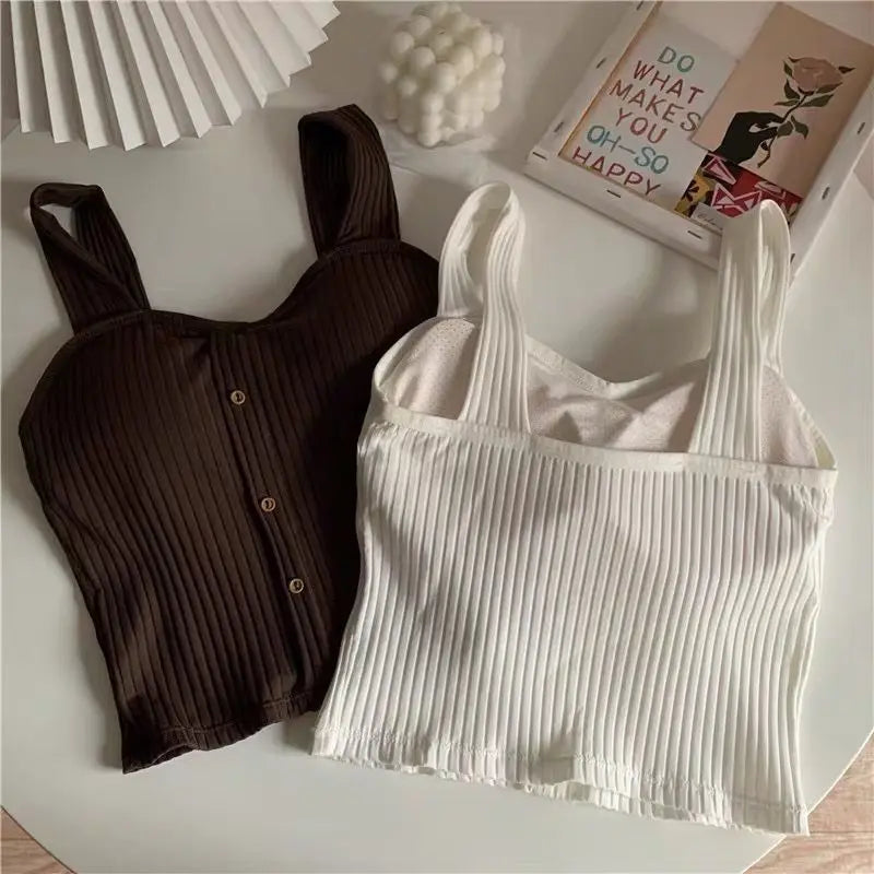 Women's Y2K Cropped Tops with Bra Pads Summer Corset Korean Suspenders Vest Sexy Camisole Slim New - Fields Of Fitness