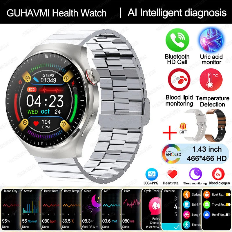 2025 New Nursing Grade Smart Watch Blood oxygen Blood Lipid Uric Acid ECG+PPG Body Temperature Bluetooth Call Health Smartwatch - Fields Of Fitness