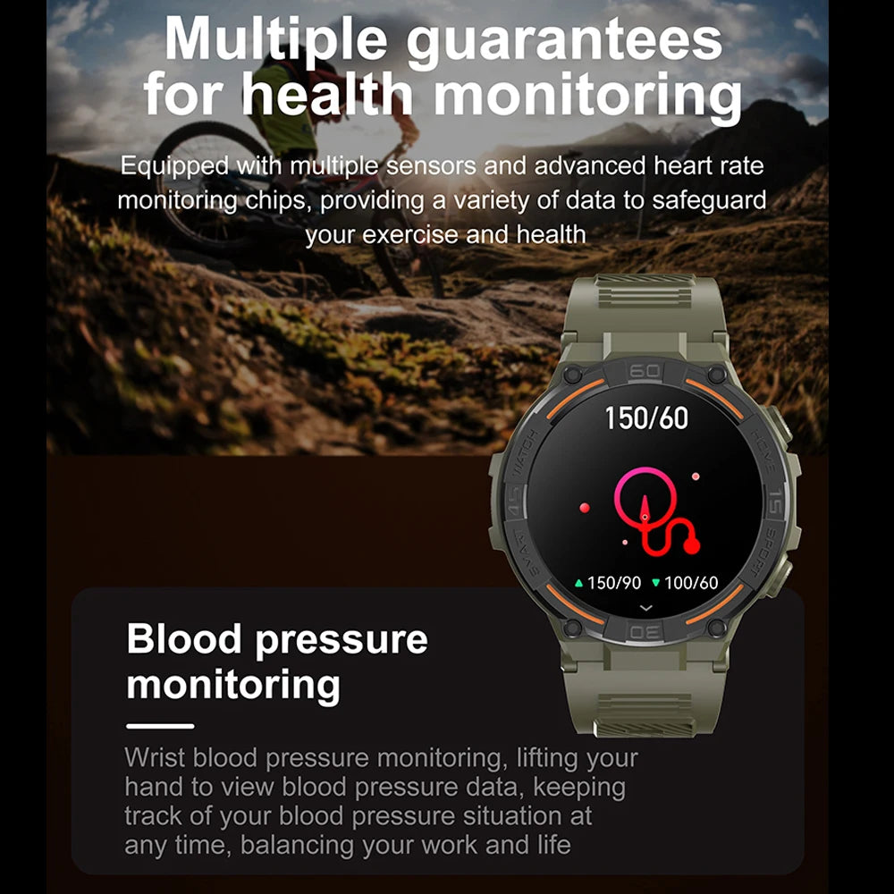 Smartwatch Military Men 360*360 HD Screen Flashlight Health Monitoring Waterproof Heart Rate BT Call Smart Watch For Android IOS - Fields Of Fitness