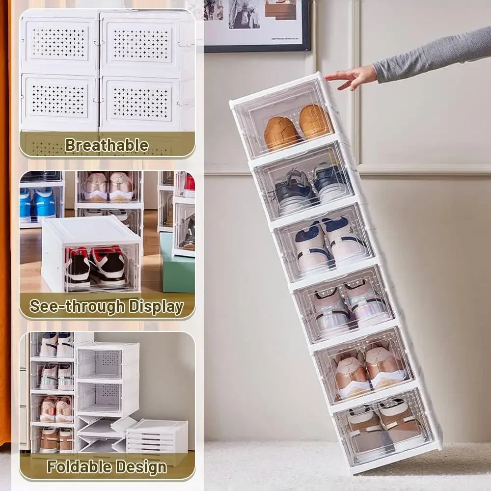 Foldable Shoe Box Stackable Transparent Dustproof Footwear Organizers With Cover Hall Shoes Cabinet Closet Sneakers Storage Rack - Fields Of Fitness