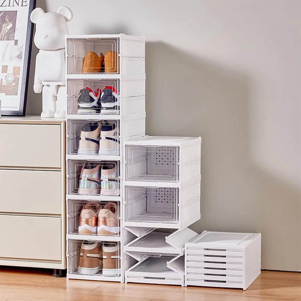 Shoe Storage Box 6 Layers Foldable Clear Door Transparent Stackable PP Material Dustproof Shoe Rack Organizer Space Saver - Fields Of Fitness