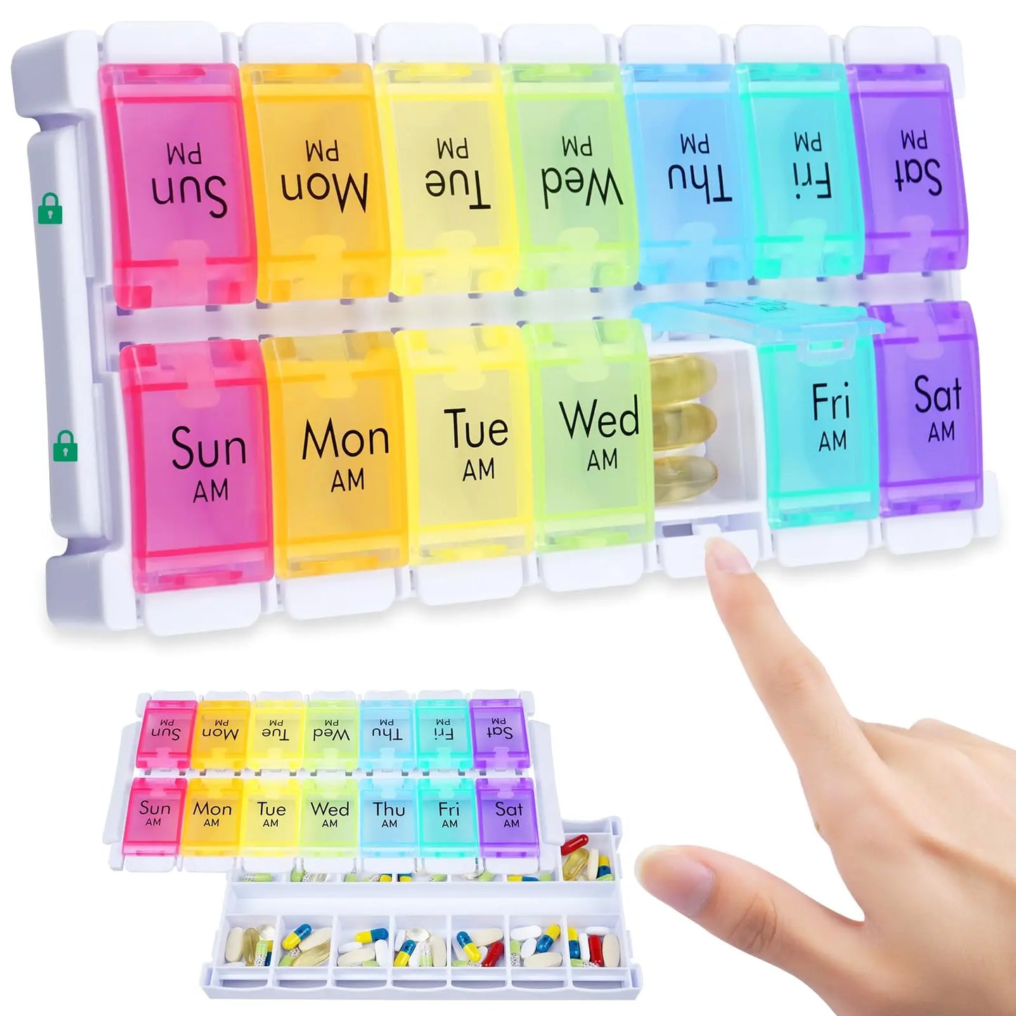 Large Pill Organizer AM PM Pill Box 7 Day 2 Week Medicine Dispensers Easy Push Button Medication Vitamins Fish Oils Supplements - Fields Of Fitness