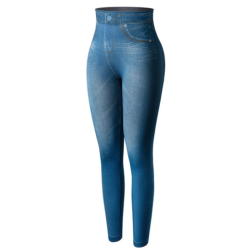 Push Up Seamless High Waist Faux Denim Leggings Women Casual Elastic Pocket Jeans Print Pants Skinny Pencil Leggins Mujer - Fields Of Fitness