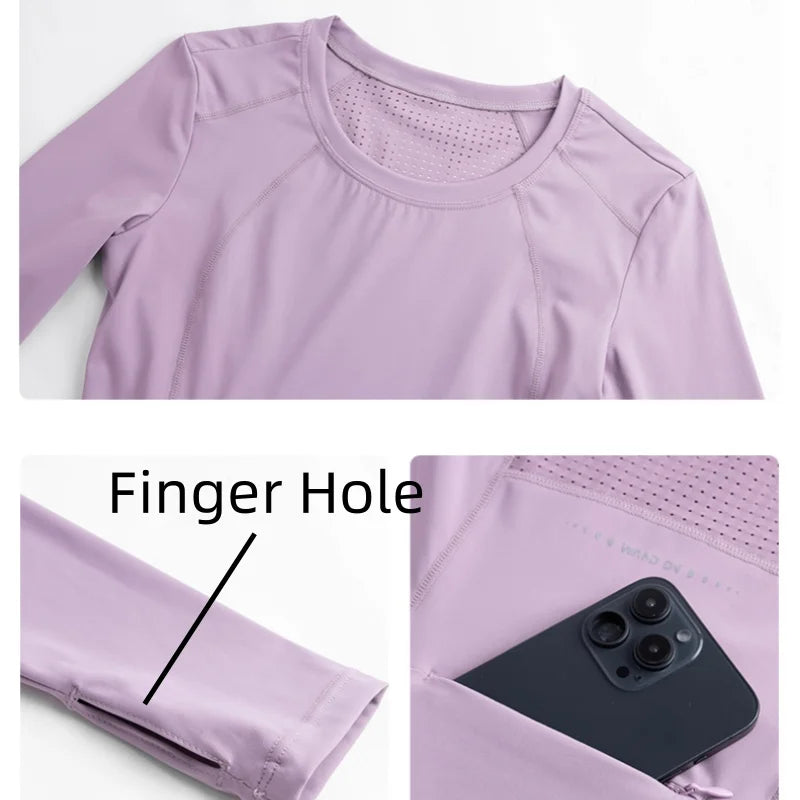 DRUR Yoga Tops Long Sleeve Round Neck Quick Dry Sports Jacket Women Gym Clothes Jogger Running Tops With Pockets Workout Shirts - Fields Of Fitness