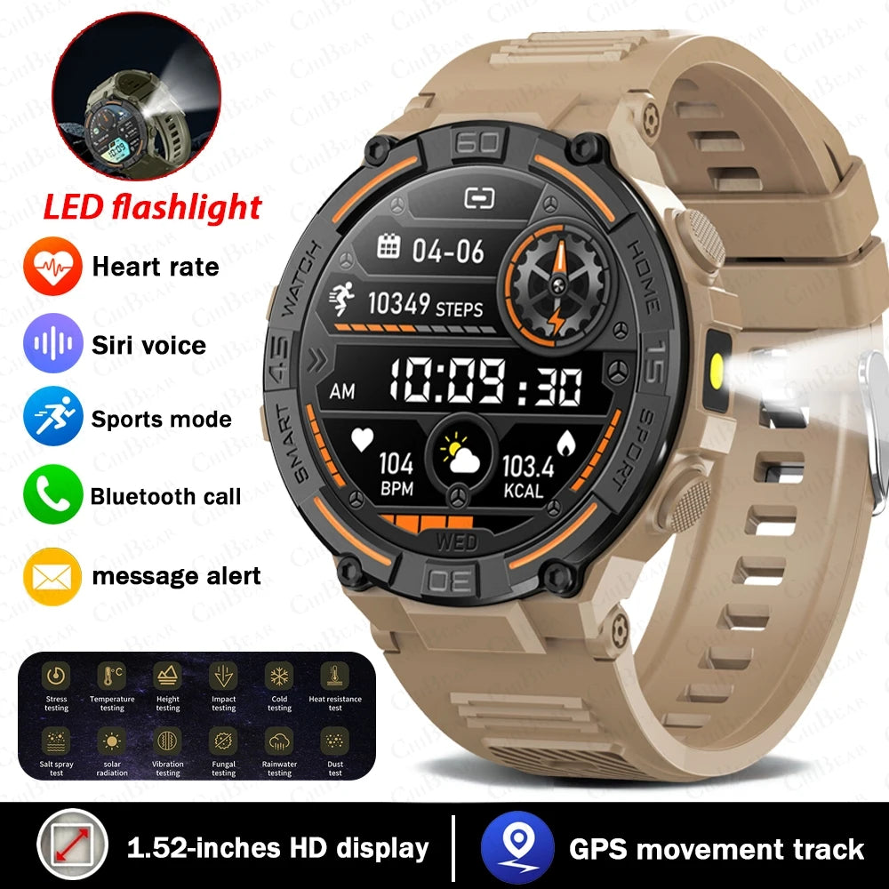 Smartwatch Military Men 360*360 HD Screen Flashlight Health Monitoring Waterproof Heart Rate BT Call Smart Watch For Android IOS - Fields Of Fitness