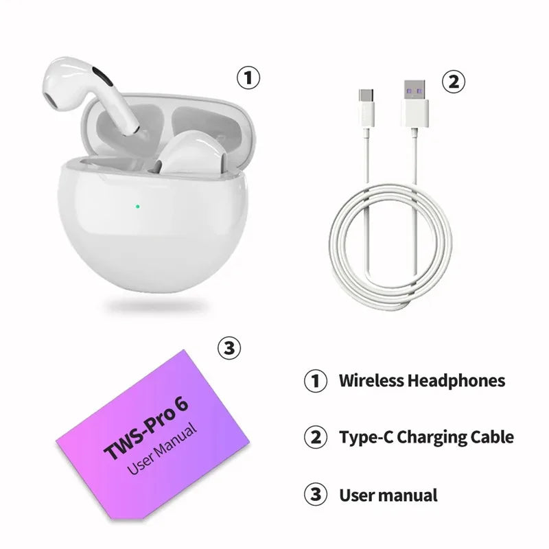 Original Pro6 TWS Wireless Bluetooth Headset Bluetooth 5.3 Earphones Sport Earbuds Smart Touch Music Headset For All Smartphones - Fields Of Fitness