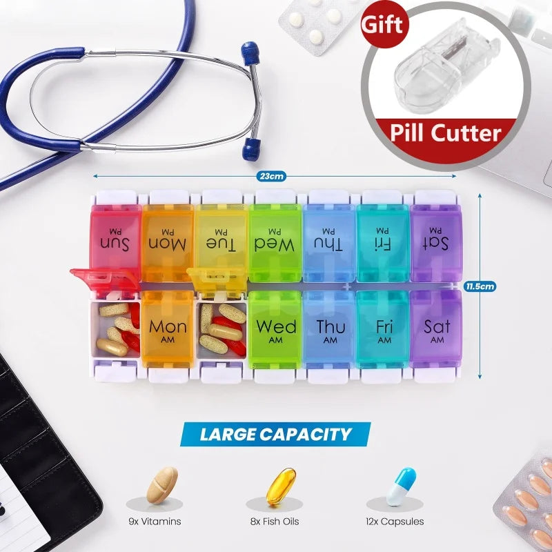Large Pill Organizer AM PM Pill Box 7 Day 2 Week Medicine Dispensers Easy Push Button Medication Vitamins Fish Oils Supplements - Fields Of Fitness