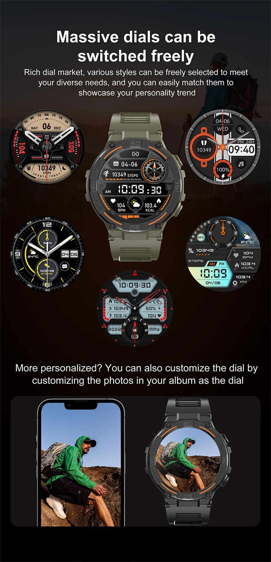 Smartwatch Military Men 360*360 HD Screen Flashlight Health Monitoring Waterproof Heart Rate BT Call Smart Watch For Android IOS - Fields Of Fitness