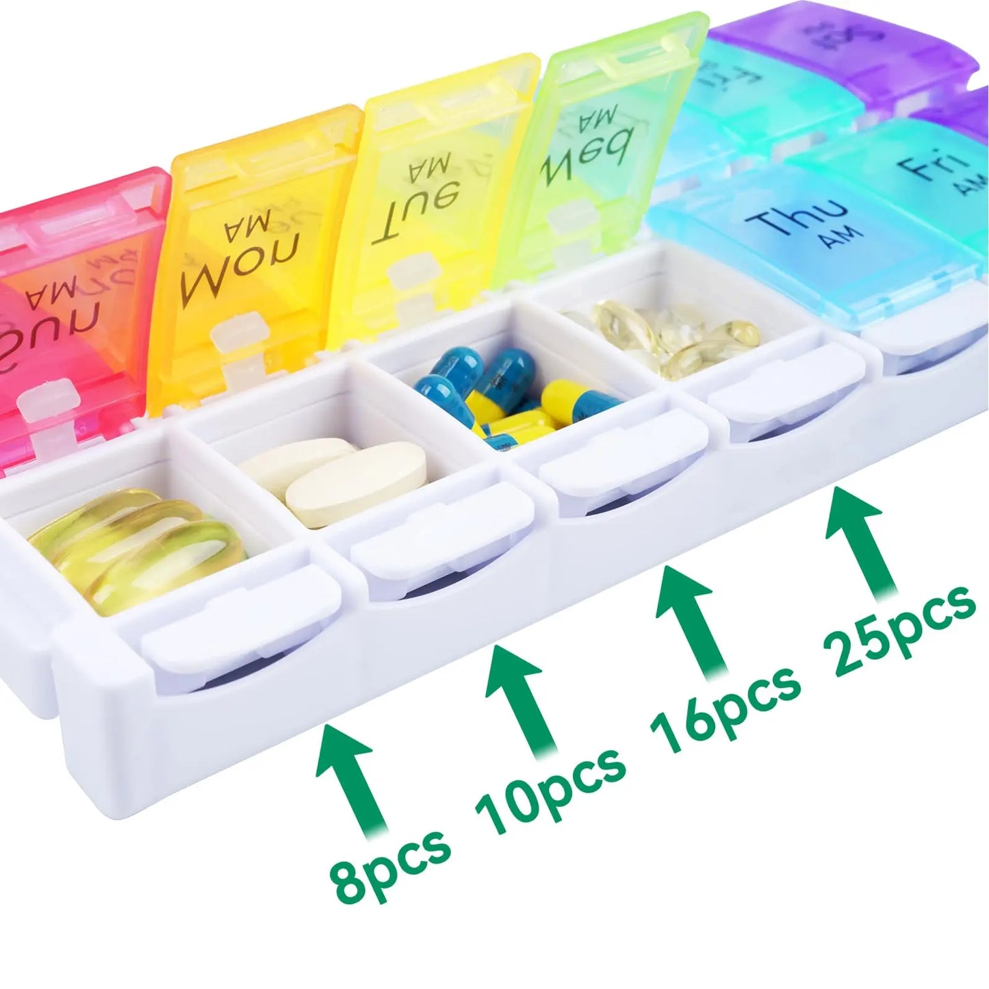 Large Pill Organizer AM PM Pill Box 7 Day 2 Week Medicine Dispensers Easy Push Button Medication Vitamins Fish Oils Supplements - Fields Of Fitness