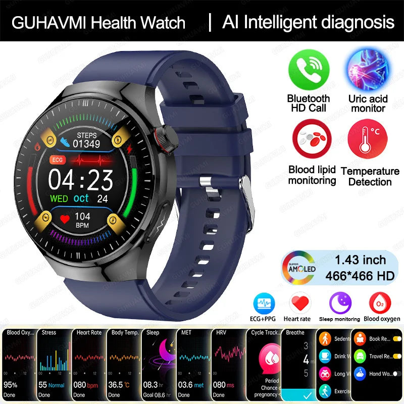 2025 New Nursing Grade Smart Watch Blood oxygen Blood Lipid Uric Acid ECG+PPG Body Temperature Bluetooth Call Health Smartwatch - Fields Of Fitness