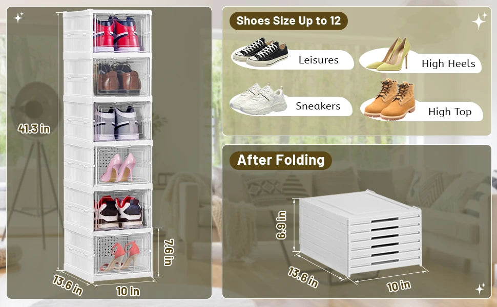 Shoe Storage Box 6 Layers Foldable Clear Door Transparent Stackable PP Material Dustproof Shoe Rack Organizer Space Saver - Fields Of Fitness