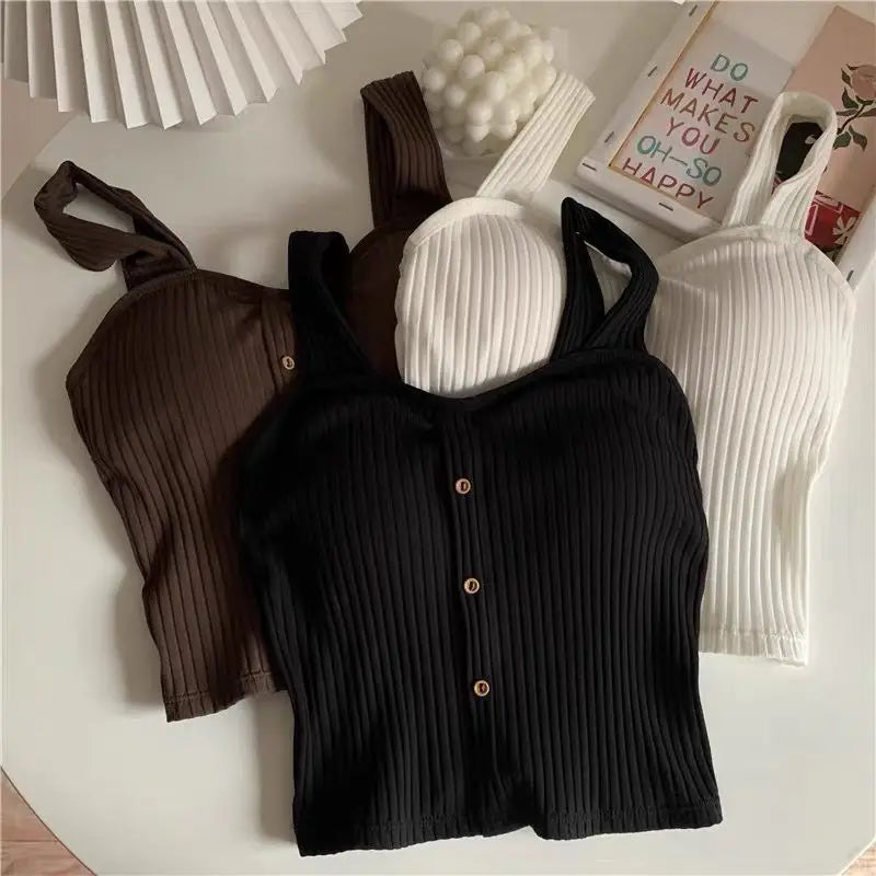 Women's Y2K Cropped Tops with Bra Pads Summer Corset Korean Suspenders Vest Sexy Camisole Slim New - Fields Of Fitness