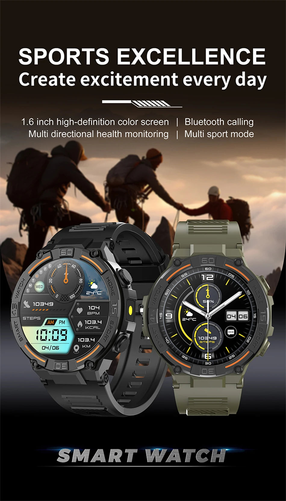 Smartwatch Military Men 360*360 HD Screen Flashlight Health Monitoring Waterproof Heart Rate BT Call Smart Watch For Android IOS - Fields Of Fitness