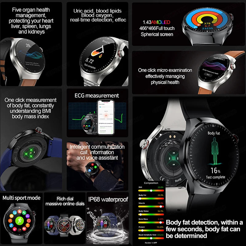 2025 New Nursing Grade Smart Watch Blood oxygen Blood Lipid Uric Acid ECG+PPG Body Temperature Bluetooth Call Health Smartwatch - Fields Of Fitness