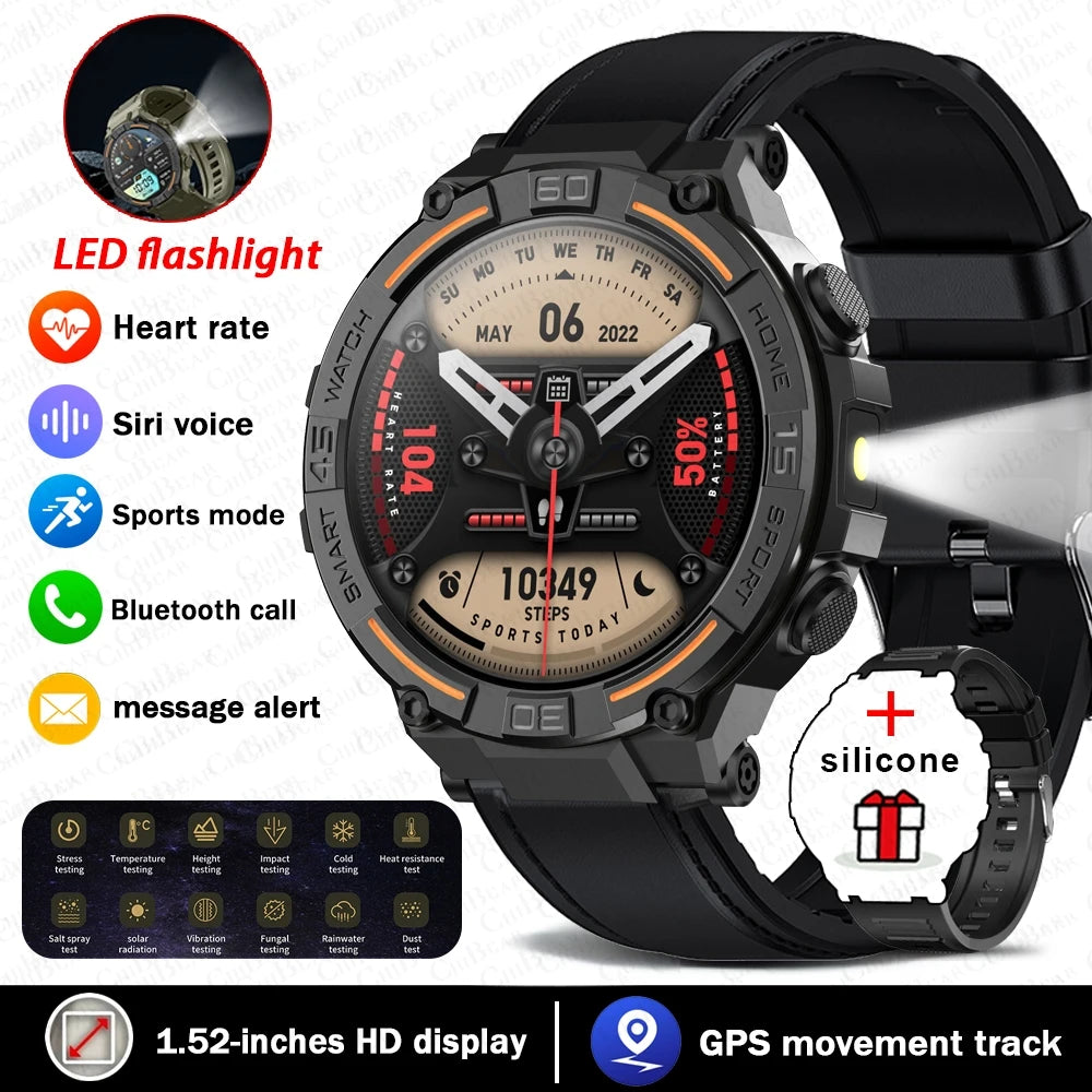 Smartwatch Military Men 360*360 HD Screen Flashlight Health Monitoring Waterproof Heart Rate BT Call Smart Watch For Android IOS - Fields Of Fitness