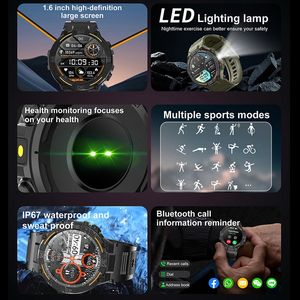 Smartwatch Military Men 360*360 HD Screen Flashlight Health Monitoring Waterproof Heart Rate BT Call Smart Watch For Android IOS - Fields Of Fitness