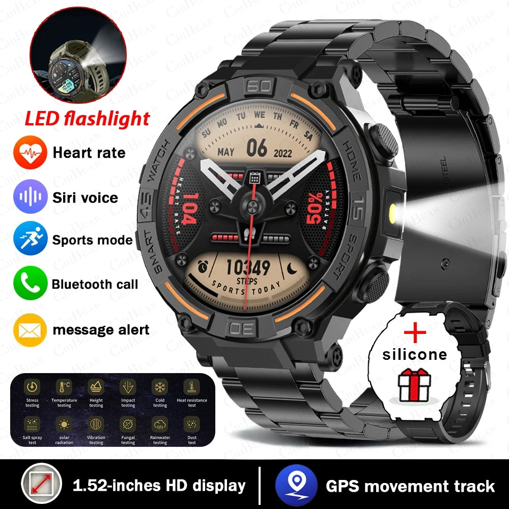 Smartwatch Military Men 360*360 HD Screen Flashlight Health Monitoring Waterproof Heart Rate BT Call Smart Watch For Android IOS - Fields Of Fitness