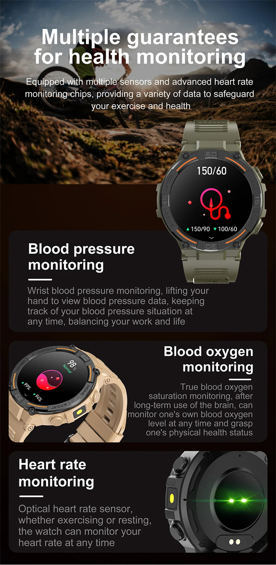 Smartwatch Military Men 360*360 HD Screen Flashlight Health Monitoring Waterproof Heart Rate BT Call Smart Watch For Android IOS - Fields Of Fitness