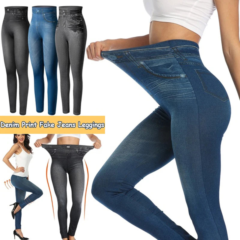 Push Up Seamless High Waist Faux Denim Leggings Women Casual Elastic Pocket Jeans Print Pants Skinny Pencil Leggins Mujer - Fields Of Fitness