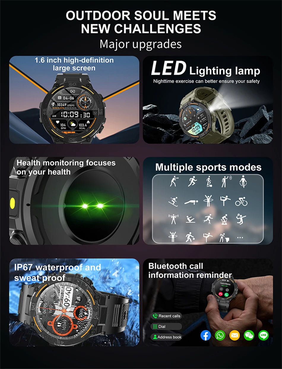 Smartwatch Military Men 360*360 HD Screen Flashlight Health Monitoring Waterproof Heart Rate BT Call Smart Watch For Android IOS - Fields Of Fitness