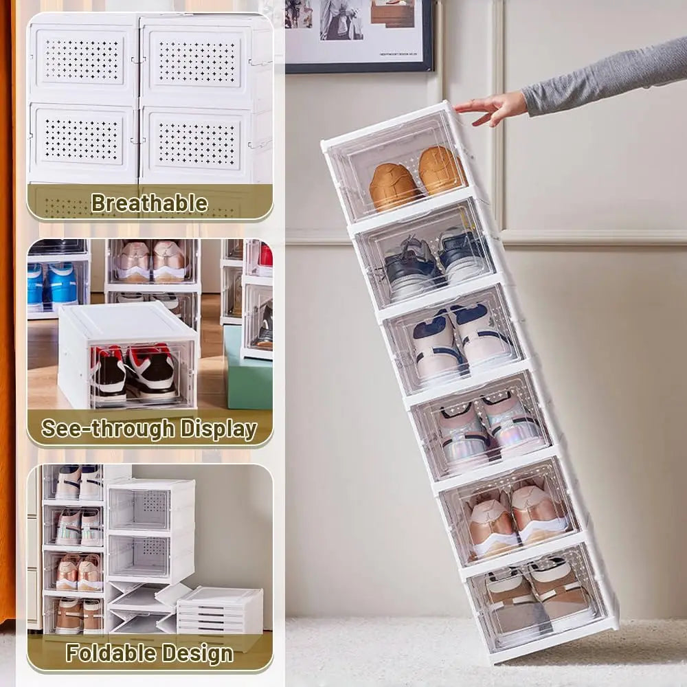 Shoe Storage Box 6 Layers Foldable Clear Door Transparent Stackable PP Material Dustproof Shoe Rack Organizer Space Saver - Fields Of Fitness