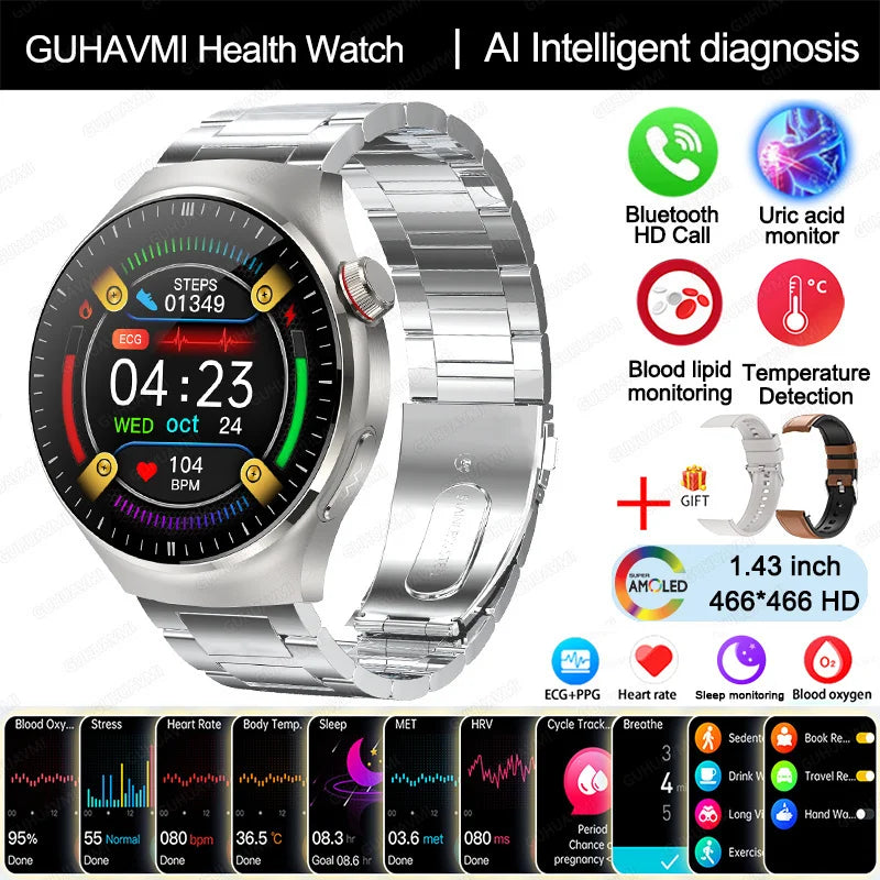 2025 New Nursing Grade Smart Watch Blood oxygen Blood Lipid Uric Acid ECG+PPG Body Temperature Bluetooth Call Health Smartwatch - Fields Of Fitness