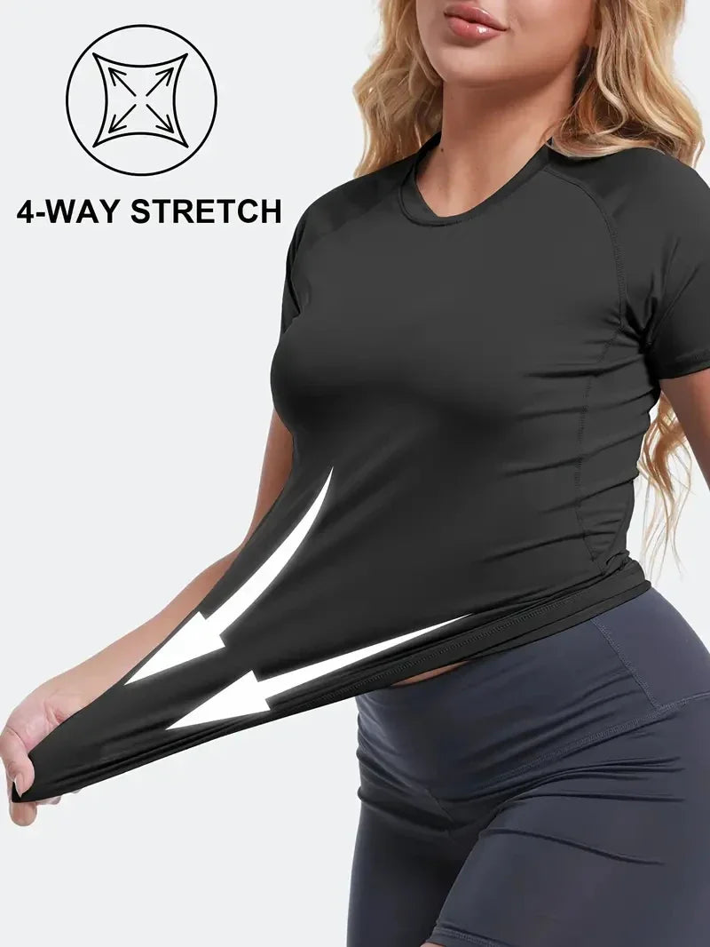 Women's Compression Shirt Short Sleeve Athletic Yoga Running T-Shirt Summer Gym Workout Quick Dry Stretchy Tees Tops Baselayer - Fields Of Fitness