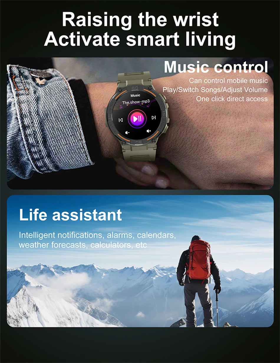 Smartwatch Military Men 360*360 HD Screen Flashlight Health Monitoring Waterproof Heart Rate BT Call Smart Watch For Android IOS - Fields Of Fitness