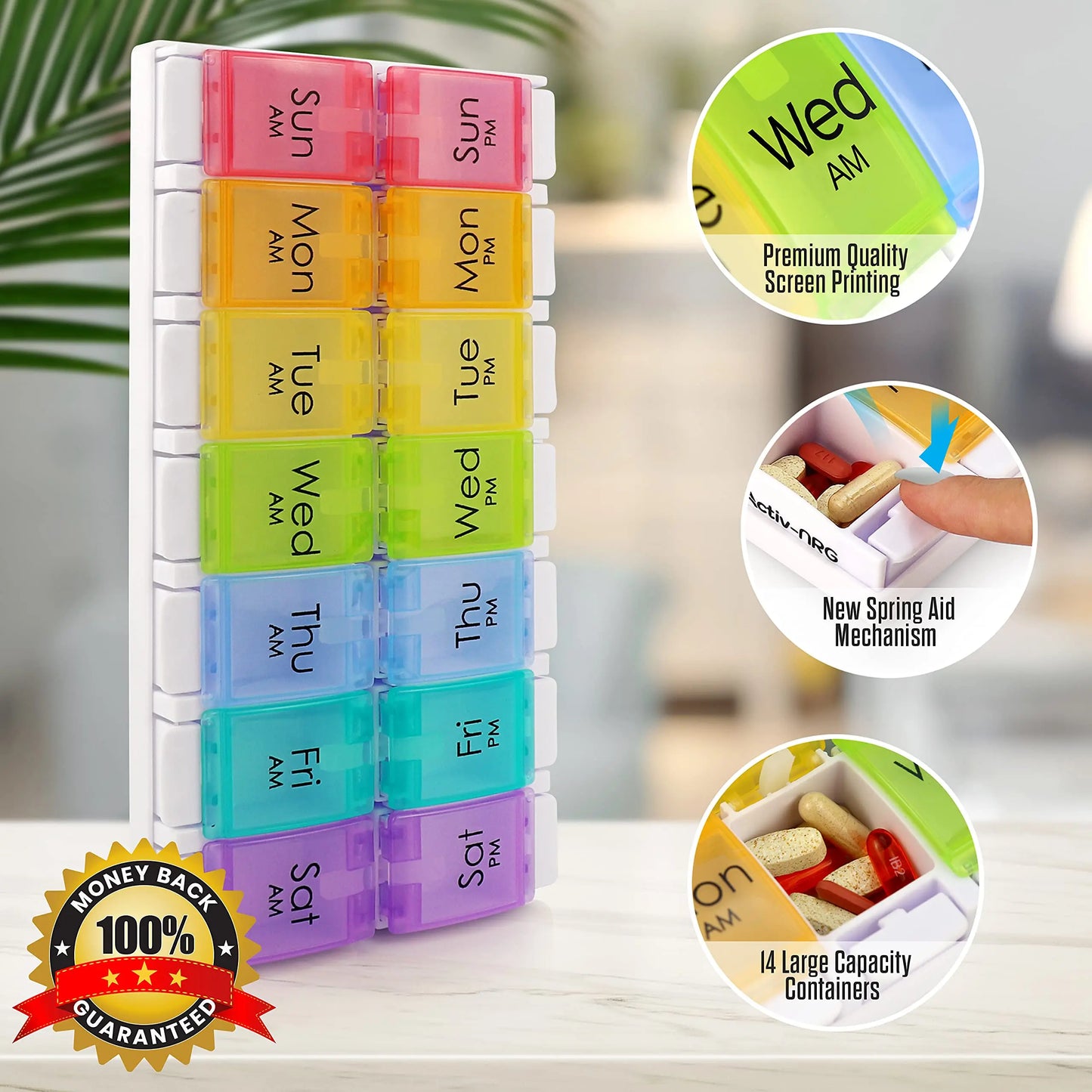 Large Pill Organizer AM PM Pill Box 7 Day 2 Week Medicine Dispensers Easy Push Button Medication Vitamins Fish Oils Supplements - Fields Of Fitness