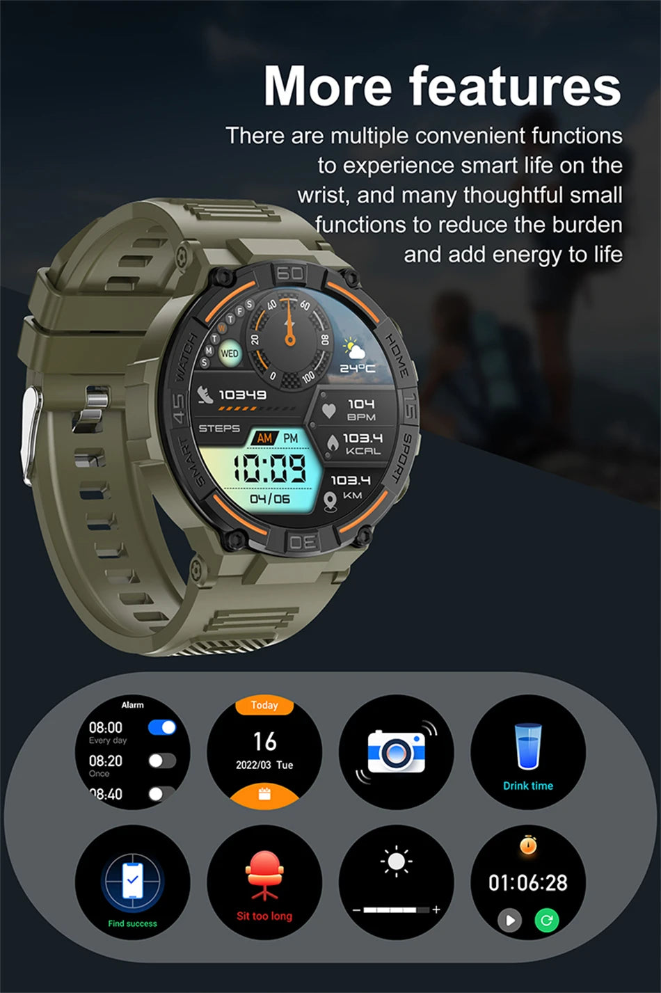 Smartwatch Military Men 360*360 HD Screen Flashlight Health Monitoring Waterproof Heart Rate BT Call Smart Watch For Android IOS - Fields Of Fitness