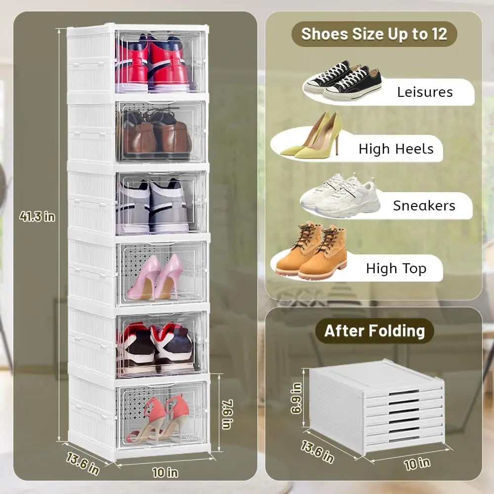 Shoe Storage Box 6 Layers Foldable Clear Door Transparent Stackable PP Material Dustproof Shoe Rack Organizer Space Saver - Fields Of Fitness