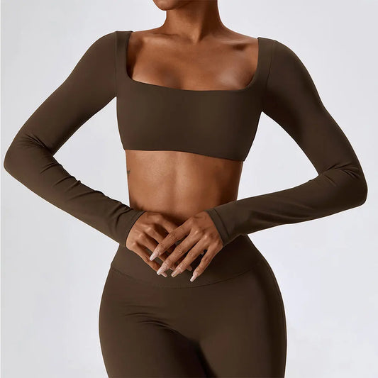 Women Crop Tops Yoga T-shirts Solid Sports Top Long Sleeve Running Shirts Sexy Exposed Navel Quick Dry Fitness Gym Sport Wear - Fields Of Fitness