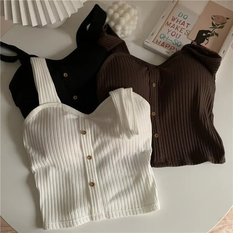 Women's Y2K Cropped Tops with Bra Pads Summer Corset Korean Suspenders Vest Sexy Camisole Slim New - Fields Of Fitness