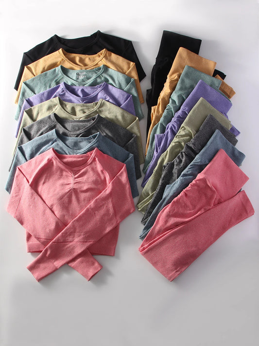 Women's 2 Piece Seamless Yoga Sportswear Set Gym Wear Fitness Wear Short Long Sleeve Top High Waist Leggings Fitness Sportswear - Fields Of Fitness